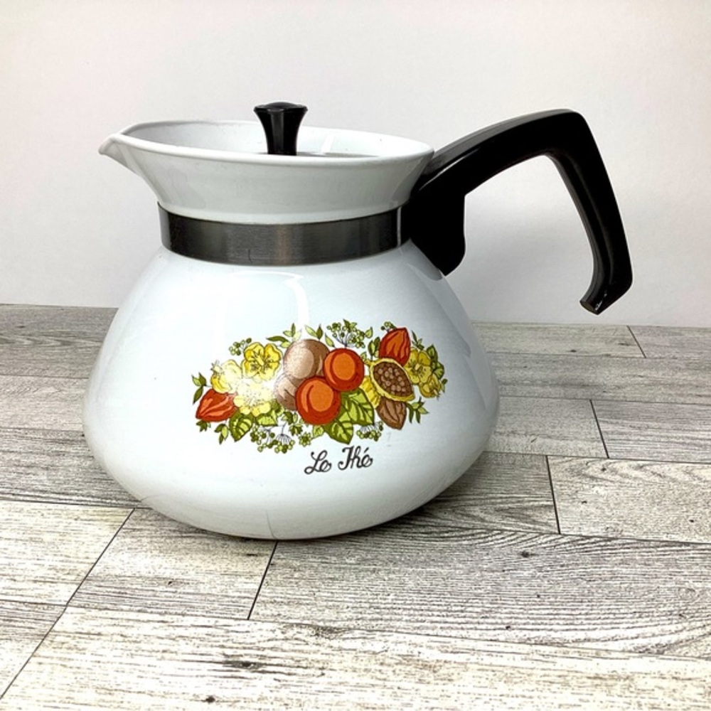 CORNING WARE Vintage 6 cup Teapot Coffee pot Spice Of Life Retro black handle